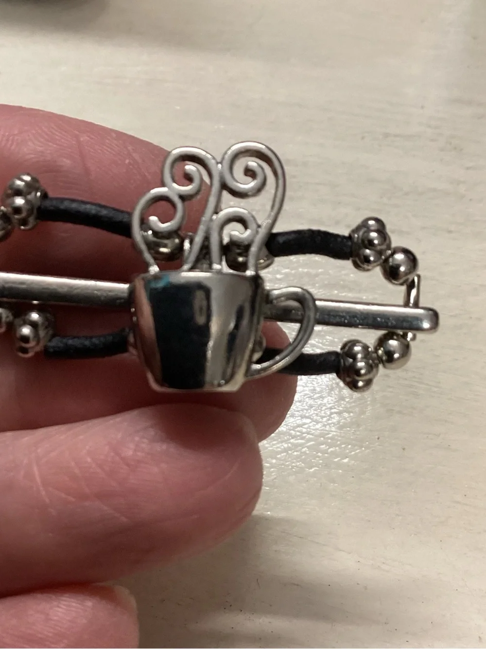 Lila Rose Silver Coffee Cup Charm Hair Slide with Black Cord